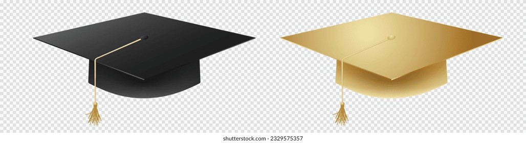 Graduates black and golden 3d cap. Education festive prom headwear for colleges and academies with ceremony awarding scientific vector degrees