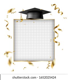 Graduate's cap above the photo frame. Graduation card vector