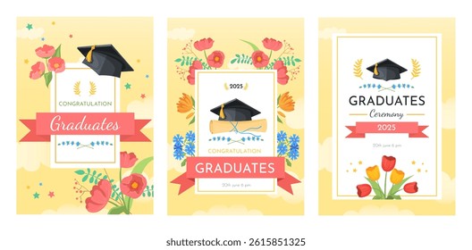 Graduates cards. Graduate hat cup high school ceremony congratulation card, academic degree party celebration student university college diploma education vector illustration original artwork