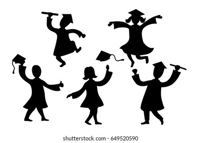 Graduates cartoon characters black dancing and jumping silhouettes