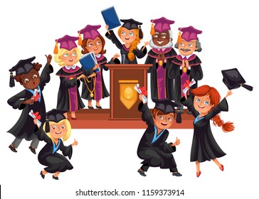 Graduates celebrate finishing of education. Happy boys and girls in gowns and caps with teachers on celebration ceremony