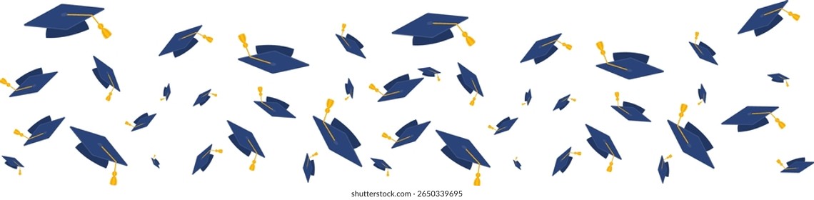 Graduates celebration. Flying black graduate hat with golden tassels. Square academic caps from different angles. Vector illustration isolated on white background.