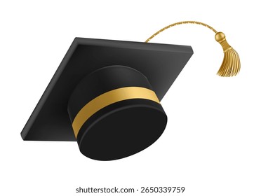 Graduates celebration. Flying black graduate hat with golden tassels. 3d square academic caps from different angles. Vector illustration isolated on white background.