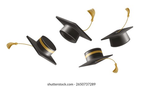 Graduates celebration. Flying black graduate hat with golden tassels. Set of 3d square academic caps from different angles. Vector illustration isolated on white background.