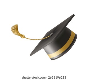 Graduates celebration. Flying black graduate hat with golden tassels. 3d square academic caps from different angles. Vector illustration isolated on white background.