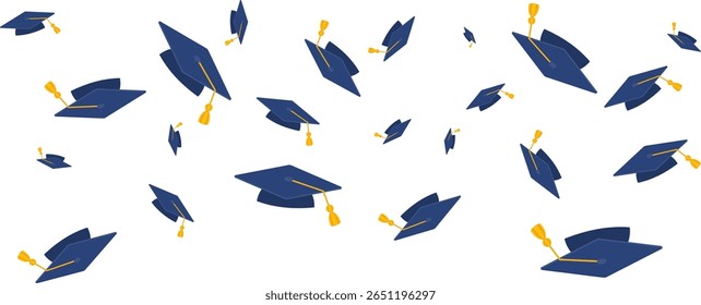 Graduates celebration. Flying black graduate hat with golden tassels. Square academic caps from different angles. Vector illustration isolated on white background.