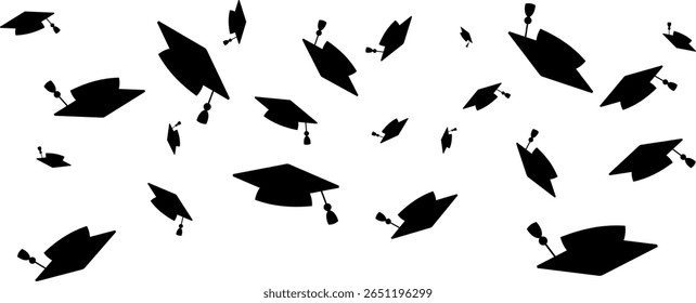 Graduates celebration. Flying black graduate hat with golden tassels. Square academic caps from different angles. Vector illustration isolated on white background.