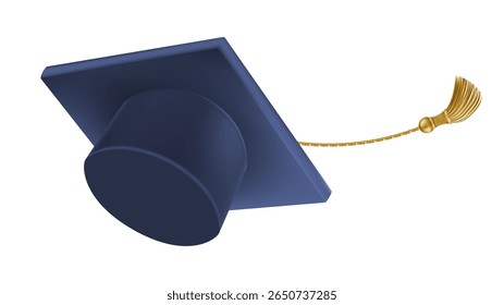 Graduates celebration. Flying blue graduate hats with golden tassels. 3d square academic caps from different angles. Vector illustration isolated on white background.