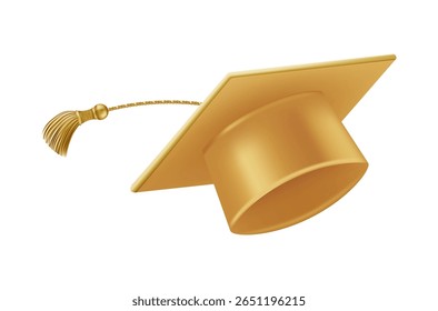 Graduates celebration. Flying golden graduate hats with tassels. 3d square academic caps from different angles. Vector illustration isolated on white background.