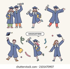 Graduates characters wearing graduation gowns. Doing an exciting pose. flat design style vector illustration.