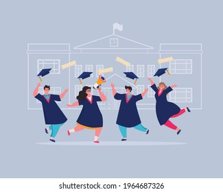 Graduates in college or university education students in academic dresses celebrating. Students graduated. Vector illustration for card promo, flyer, cover, and posters, web page.