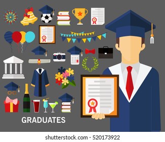 graduates concept background. Flat icons.