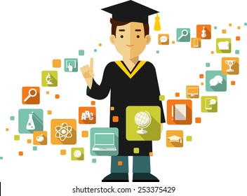 Graduates concept with young graduates student and education icons in flat style