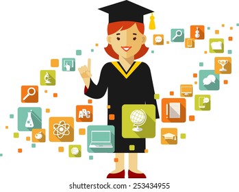 Graduates concept with young graduates student girl and education icons in flat style