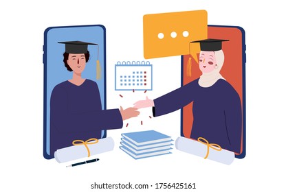 Graduates congratulate friend through video call using application smartphones .graduation during pandemic corona virus flat cartoon style.