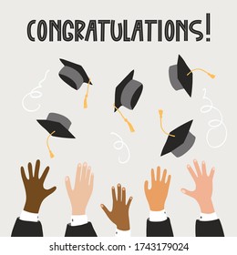 Graduates congratulations, vector illustration with multi-ethnic people group, graduate's hands throwing graduation caps. Hand drawn graduation season graphic design for card, invitation, banner