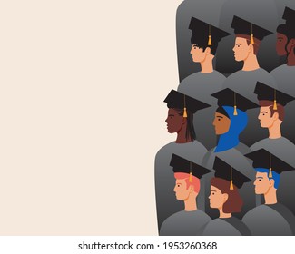 Graduados como plantilla de espacio de copia. Ilustración de material vectorial plano. Gente en trajes de amo, bachiller. Plantilla en blanco para el diseño. Tapa de graduación. Ilustración con espacio para texto