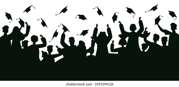 Graduates crowd silhouette. College graduates throwing traditional caps, dancing and jumping vector illustration. Celebrating graduates silhouette.