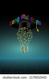 graduates Degree cap on polygon lamp and congratulations lettering on cap