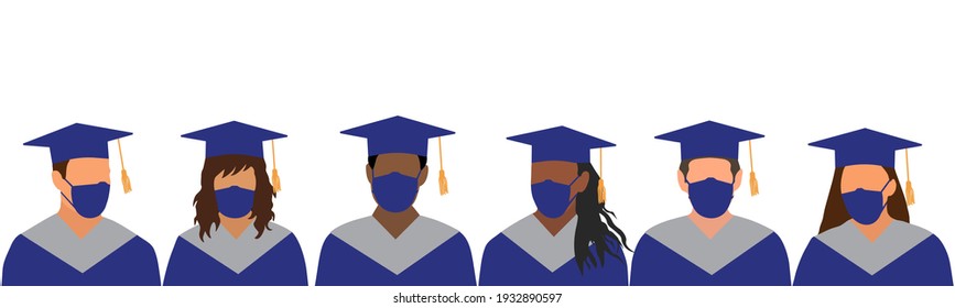 Graduates of different ethnicity in dark blue mantle and academic square cap, and in medical mask. Graduation Ceremony in Disease Pandemic (Covid-2019). Protection from diseases. Vector illustration