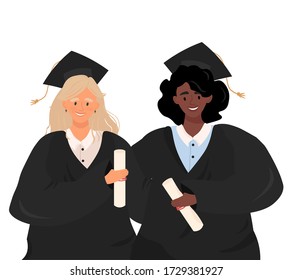 Graduates of different nationalities. Flat vector portrait of girls in graduate uniform in cartoon style. Joyful graduates of a school or university with an education diploma in hands.