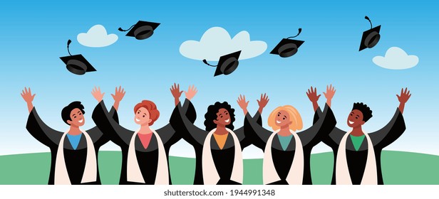 graduates of different nations throw their hats up, rejoice at end of their studies and receiving a diploma