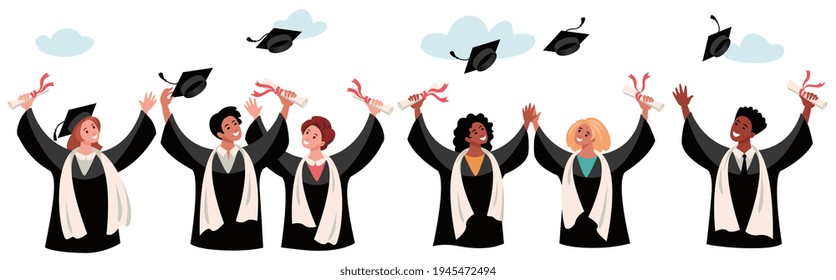 graduates of different nations throw their hats up, rejoice at end of their studies and receiving a diploma