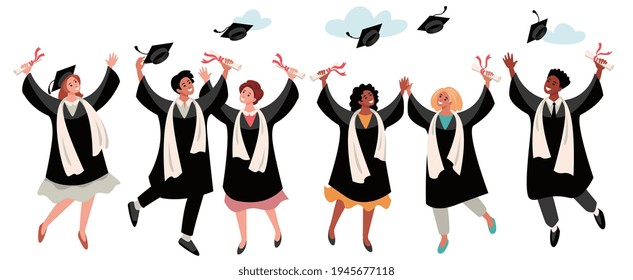 graduates of different nations throw their hats up, rejoice at end of their studies and receiving a diploma