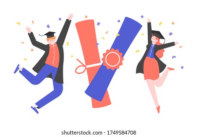 Graduates and diplomas. Joyful students are jumping. Graduation from university, college, online courses. Vector flat illustration.