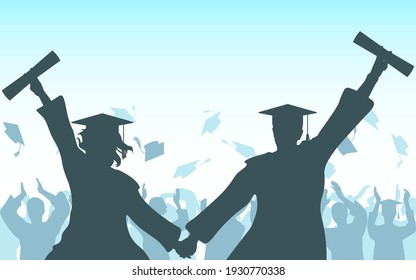 Graduates girl and guy hold hands with diploma on background of cheerful crowd of graduates throwing their academic square caps. Graduation ceremony. Vector illustration