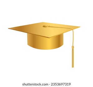 Graduates golden 3d cap. Festive prom headwear for colleges and academies with ceremony awarding scientific vector degrees