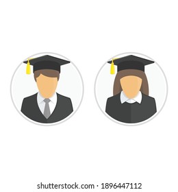 Graduates In Gown And Graduation Cap Icon. Illustration Of Young Students Woman And Man Character With Diploma Rolled Scroll. Graduation, Education Concept. 