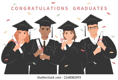 С gratulieren den Absolventen. Gruppe von glücklichen Studenten-Absolventen Universität oder College mit einem akademischen Kleid, Graduierung und Inhaber eines Diploms. Vektorgrafik