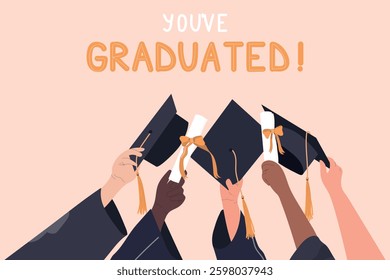 Сongratulations graduates. Group of students-graduates university or college holding a diploma and academic gown. Education banner. Class of 2025. Vector illustration of education, learning. 