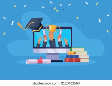 graduates hands in computer desktop