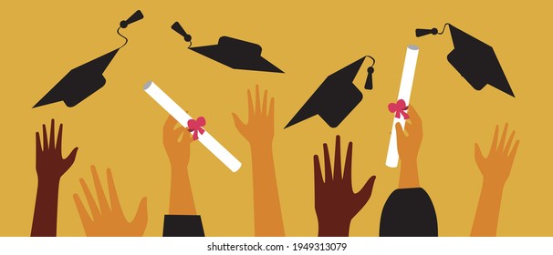 Graduates hands isolated. Flat vector stock illustration. Graduates throw in a square academic cap. Graduation bachelors and masters. People with a diploma. Vector illustration