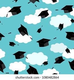 Graduates hats in the clouds sky. Seamless pattern