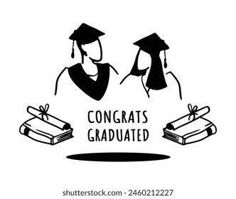 Graduates look at each other. Vector illustration in outline style. Celebrating graduation. Closed book. Award ceremony. Black and white drawing.