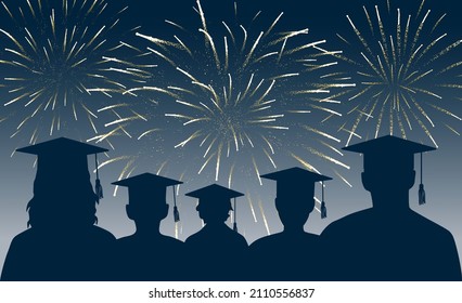Graduates looking at fireworks, silhouette. Vector illustration