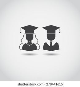 Graduates man and woman education students. Class school university success career pictogram. Graduates guy and girl in graduation hats vector icon