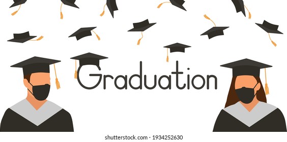 Graduates in mantle and academic square cap and with medical face mask. Graduation socially distance ceremony. Throwing of mortarboard. Vector illustration