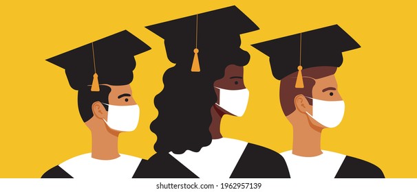 Graduates in a medical mask. Flat vector stock illustration. People in face masks at graduation. Anti-covid concept. Safe graduation. Vector graphics