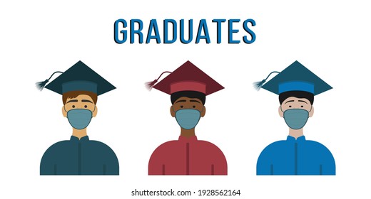 Graduates in pandemic in white isolated background. Students wearing masks for general safety.Three men in hats. Vector illustration. Illustration EPS 10