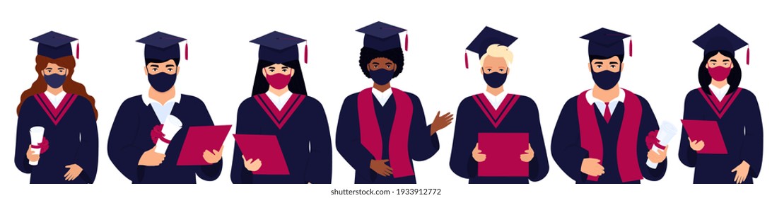 Graduates in protective medical masks celebrate graduation during coronavirus quarantine.