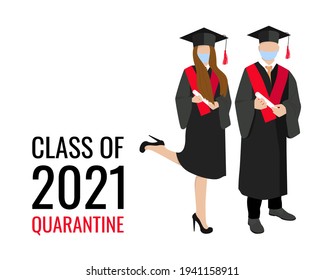 Graduates in protective medical masks celebrate 2021 graduation during coronavirus quarantine isolated on the white background 