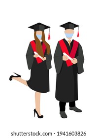 Graduates in protective medical masks with diplomas in their hands celebrate 2021 graduation during coronavirus quarantine isolated on the white background 