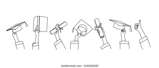 The graduates raised their hands. Graduation. Successful completion. Vector illustration
