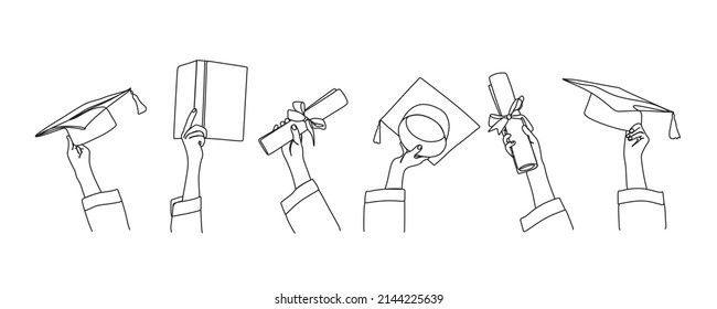 The graduates raised their hands. Graduation. Successful completion. Vector illustration