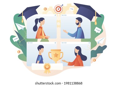 Graduates receive diplomas and communicate via video. Online graduation ceremony 2021. Online education at social distancing. Modern flat cartoon style. Vector illustration on white background
