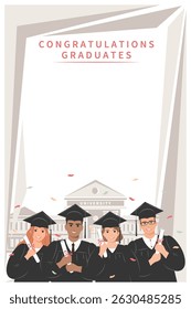 Сongratulations for graduates with space for text. Group of students-graduates wearing an academic gown, cap and holding a diploma against the backdrop of the university. Vector illustration
